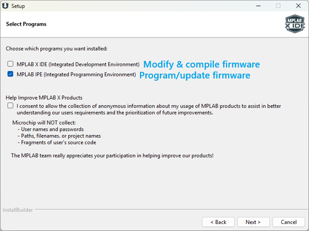 MPLAB X IPE Installation options